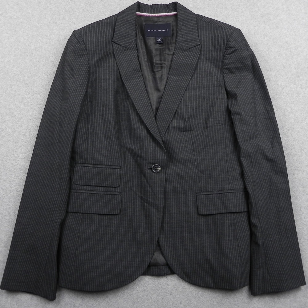 Banana Republic Blazer Womens 14 Stretch Flex Wool Suit Jacket Coat Gray Striped